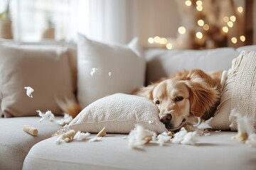 A cozy living room features a playful dog nestled among scattered pillows and dog fur on the couch. The warm decor creates a comfortable, inviting space perfect for pet owners