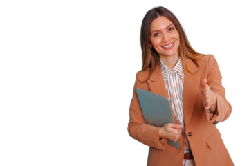Businesswoman extending hand for handshake, welcome gesture, offering partnership and greeting, holding laptop, transparent background