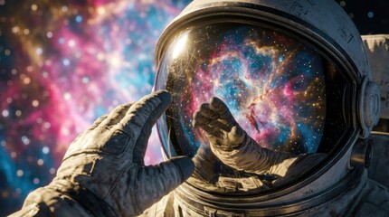 An astronaut reaches out, gazing into a colorful, cosmic reflection within their helmet, symbolizing exploration and the mystery of the universe.