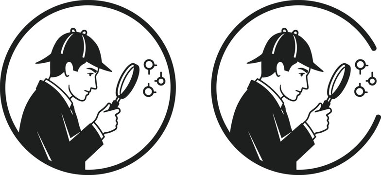 Detective Icon with Magnifying Glass and Clues on White Background Keywords: detective, investigator, magnifying glass, search