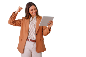 Businesswoman celebrating success, achieving goal, looking at tablet, feeling empowered and happy, transparent background