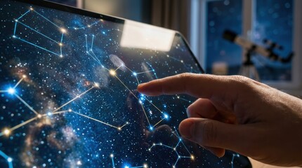 A person points at a digital display showing constellations and stars, with a telescope visible in the background.
