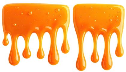 Two blobs of dripping, translucent orange liquid