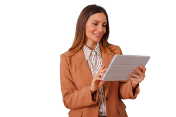 Businesswoman smiling, engaging with digital tablet, browsing data, representing modern technology and mobile work