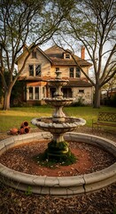 Elegant fountain and historic house in a serene garden setting.