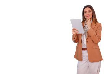 Businesswoman thinking, planning, and analyzing data on a tablet device with a hand on her chin, looking smart