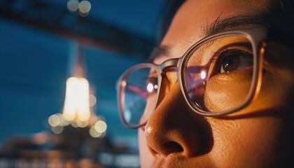 A close-up of a person's face, wearing glasses, gazing thoughtfully at illuminated surroundings, creating an introspective vibe.