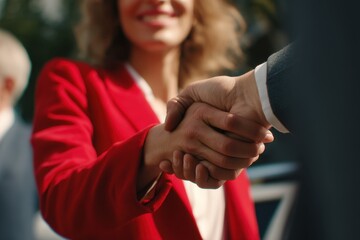 Business meeting where two people shake hands in a professional setting outdoors during the day