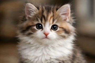 Close-up portrait of a fluffy tabby kitten with bright, curious eyes and soft fur