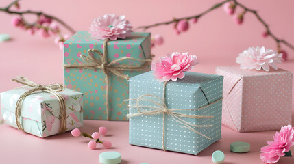 Beautifully wrapped gifts with flowers on pink background for special occasions