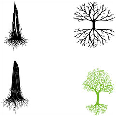 Set of vector trees featuring black silhouette branches and green spring leaf patterns for a nature forest illustration design