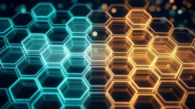 Abstract glowing hexagonal grid surface with alternating cyan and orange neon light pulsating dynamically