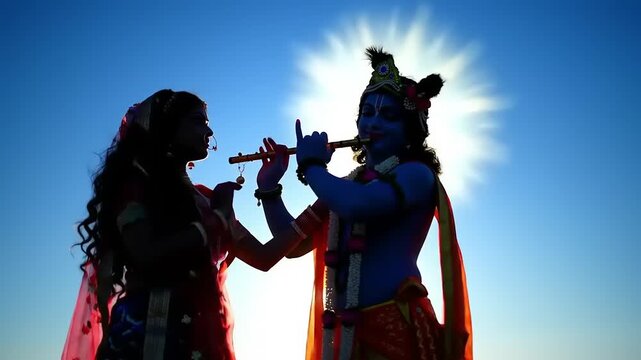 Silhouette of Lord Krishna playing flute with Radha against bright sun and blue sky.