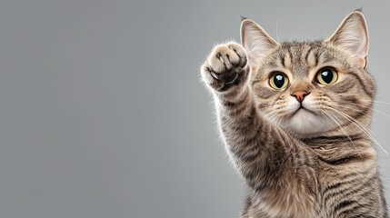 Obraz premium Playful tabby cat with paw raised looking at camera on grey background