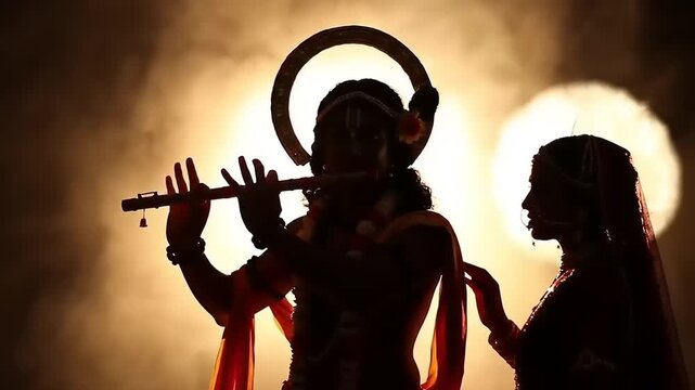 Silhouette of Lord Krishna playing flute with Radha in mystical background.