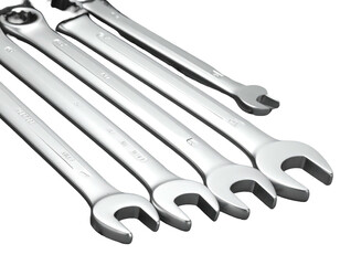 Row of metal wrenches, angled, clean background