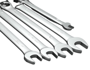 Row of metal wrenches, angled, clean background