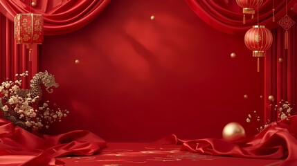 Chinese New Year luxury premium background in realistic photorealistic style, featuring an elegant and opulent Lunar New Year atmosphere with rich red silk fabric, refined gold ornaments, traditional 
