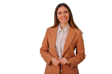 Professional businesswoman smiling, showing confidence and success, wearing a blazer with a striped shirt, transparent background