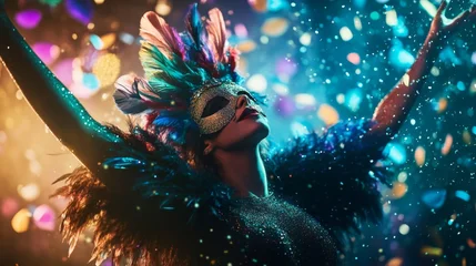 Stickers Carnaval A woman with a colorful feathered mask and costume celebrates at a carnival in Venice. Confetti falls around her, creating a festive atmosphere.  © Dzmitry