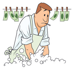 Worried man washing illegal money.