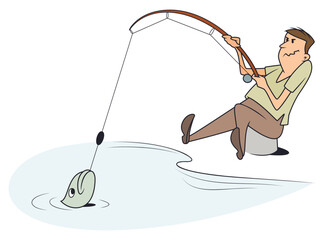 Excited man struggling catching fish.