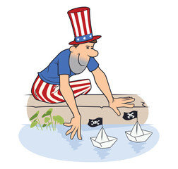 Uncle Sam launches pirate boats.