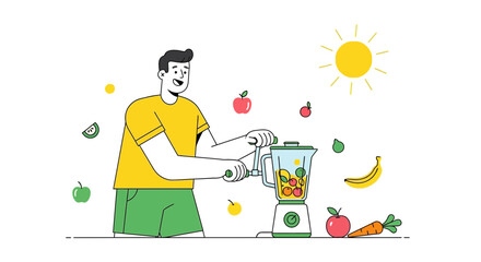 Man Making Healthy Fruit Smoothie, Fresh Ingredients, Wellness Concept