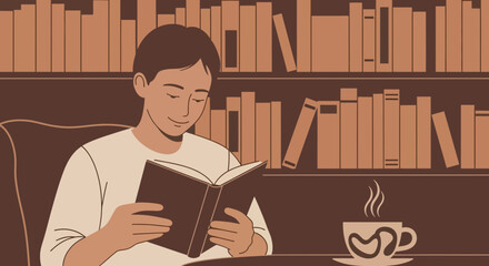 Man reading a book in a library with a cup of coffee