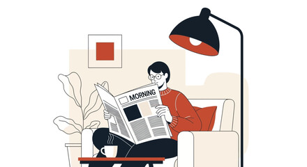 Man Reading Newspaper Morning Coffee Relaxing on Sofa Under Floor Lamp