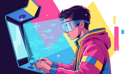 Retro Gamer Plays Arcade Game with VR Headset, Immersive Retro Gaming Experience