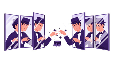 Magician Performing Illusion with Mirrors and Sparkling Effects