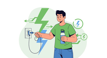 Man Charging Device with Lightning Bolt Energy Symbol, Sustainable Power Concept