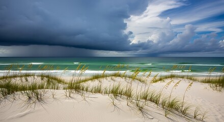Stormy Skies Over Pristine Beach Dunes and Emerald Ocean Waters.