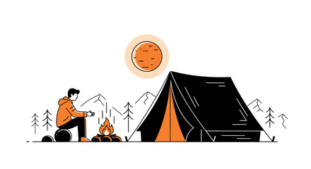 Man camping by campfire near tent with mountain landscape and sun illustration