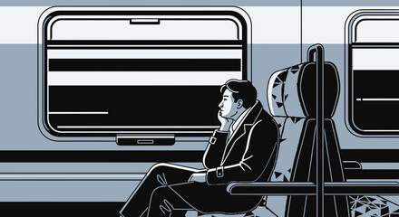 Man contemplating while traveling by train, looking out window