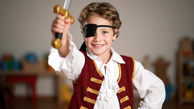 Happy young boy dressed as a pirate holding a toy sword and smiling