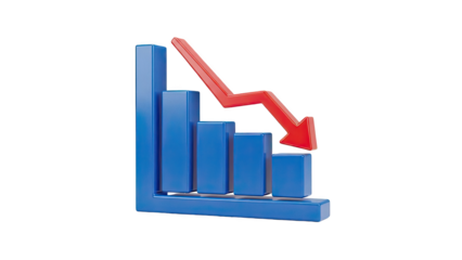 3D Bar Chart Showing Decline with Red Arrow on transparent background