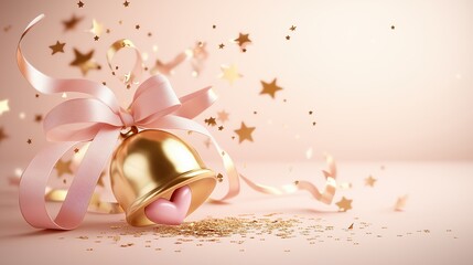 Fototapeta premium Golden bell with pink heart, festive ribbon and sparkling confetti on a soft pink background
