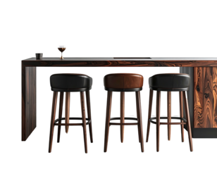 Dark wood bar with three stools and glass on counter