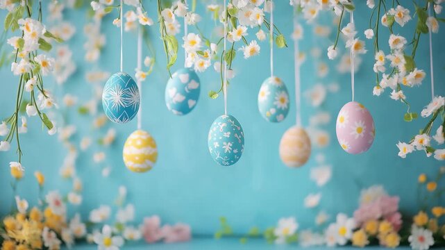 Colorful Easter decorations hanging from a string of candy cane streamers. Decorative eggs with flower background and seasonal wallpaper. Bright colors celebrate spring holiday.
