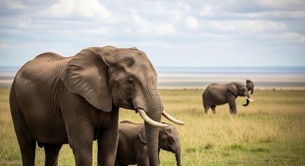 Fototapeta premium African Elephants in the Savannah - A Majestic Family.