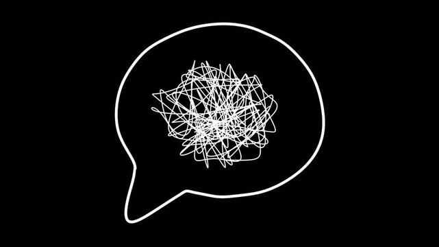 Animated white speech bubble with tangled scribble brain on black background. Looped animation. Nervous, tangled doodle circle or thread knot spinning. For educational content, mental health topics.