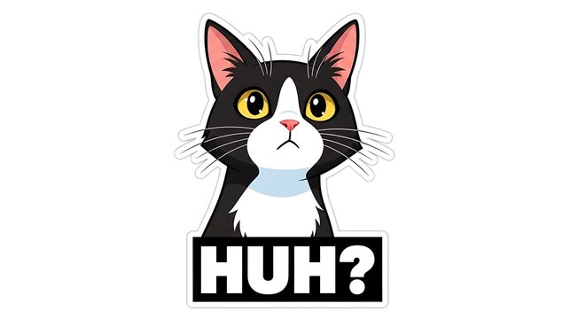 Puzzled Tuxedo Cat Cartoon with 'HUH?' Text Sticker