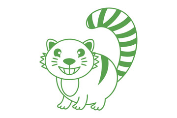 Cute lemur smiling with striped tail in green outline stands happily on white © Shipon