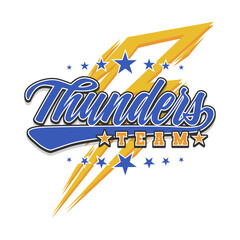 Varsity logo of Thunders with american vector design. Vintage style team sport emblem.