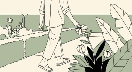 Person Touching Flower in Garden Path