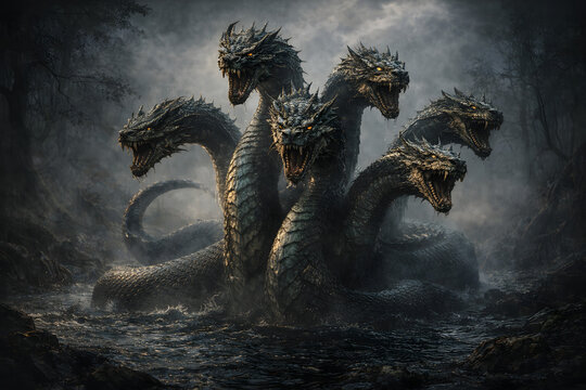 Lernaean Hydra Rising from Dark Swamp with Multiple Serpent Heads in Epic Fantasy Scene