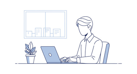 Man Working on Laptop Computer at Desk with Potted Plant and Bookshelf