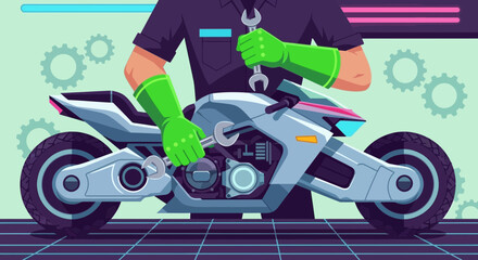 Mechanic Repairing Futuristic Motorcycle, Sci-Fi Bike Maintenance, Workshop Scene